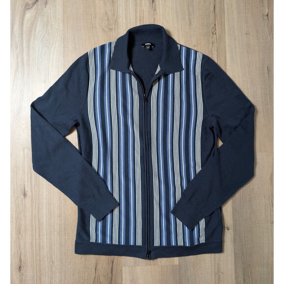 Express Size S Full Zip Cardigan Sweater Blue Striped Polo Collar Mod Retro EUC - Picture 2 of 11